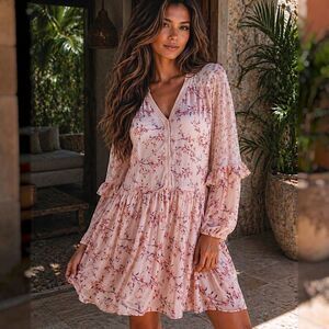 NWT Coquette L Coastal Pink Floral Babydoll Dress Sheer Ruffle Peasant Sleeve